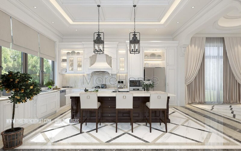 Thiết kế tủ bếp chữ L gỗ tự nhiên cao cấp phong cách tân cổ điển sang trọng và tiện nghi Tủ bếp gỗ tự nhiên