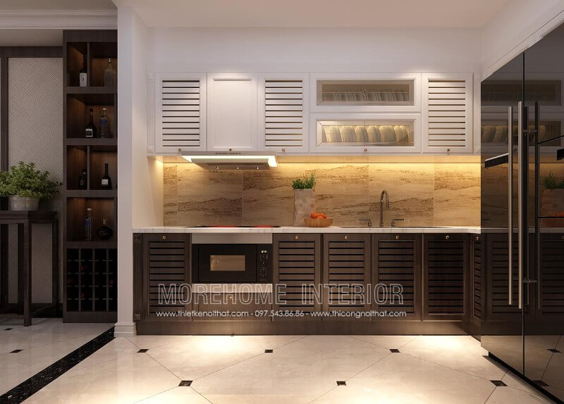 Thiết kế tủ bếp cho chung cư, nhà phố phong cách hiện đại, chất liệu gỗ sồi phun sơn nhập khẩu kết hợp thiết bị nhà bếp hiện đại đã phát huy được tối đa công năng sử dụng cũng như mang lại vẻ đẹp sang trọng cho không gian Thiết kế tủ bếp đẹp