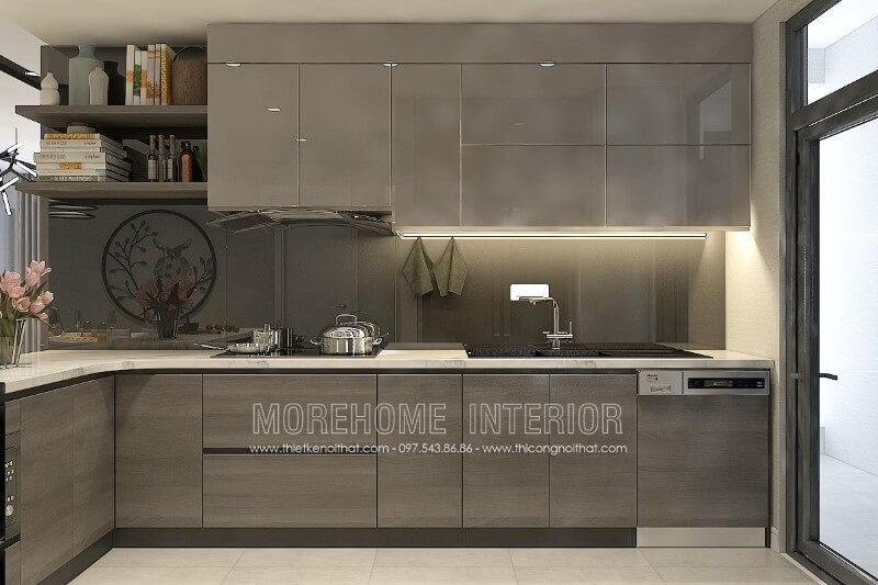 Nhằm tăng tính sang trọng cũng như độ bền, nhiều gia chủ lựa chọn sử dụng tủ bếp hiện đại kết hợp tủ Acrylic ở trên và tủ Laminate ở dưới Tủ bếp đẹp