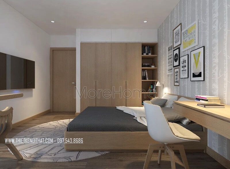 Thiết kế nội thất chung cư với phòng ngủ con hiện đại, gỗ công nghiệp được sử dụng cho không gian phòng ngủ này, từ chiếc giường đến tủ áo, bàn học,.. Thiết kế chung cư