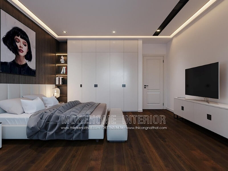 Ánh sáng được trang trí đơn giản với đèn âm trần nhưng lại tạo nét đẹp sang trọng độc đáo cho phòng ngủ hiện đại. Thiết kế phòng ngủ nhà phố