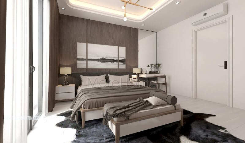 Trang trí nội thất phòng ngủ hiện đại ấn tượng với chất liệu gỗ óc chó sang trọng từ gỗ ốp tường, giường ngủ gỗ, đôn sofa,.. Thiết kế phòng ngủ nhà phố