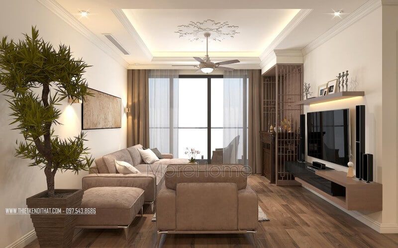 Thiết kế nội thất phòng khách chung cư hiện đại với gam màu nâu nhạt đầm ấm dễ chịu