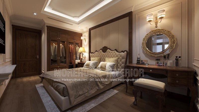 Điểm nhấn ấn tượng của phòng ngủ tân cổ điển là mẫu gương tròn trang điểm cao cấp có viền vàng siêu sang trọng