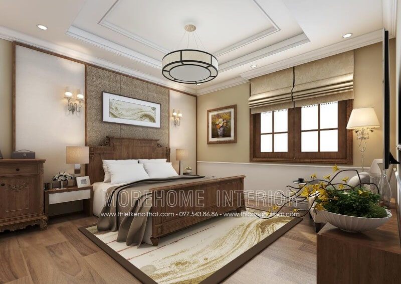 Cùng Morehome chiêm ngưỡng sản phẩm giường ngủ truyền thống bằng gỗ óc chó, mang tinh thần của phong cách tân cổ điển tại không gian phòng ngủ biệt thự do Morehome thiết kế, thi công và sản xuất.